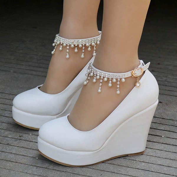 Women's Closed Toe PVC Buckle Wedge Heel Wedding Shoes #PDS03031137