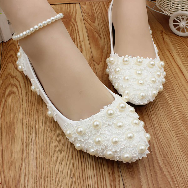 Women's Closed Toe Patent Leather Imitation Pearl Flat Heel Wedding Shoes #PDS03031178
