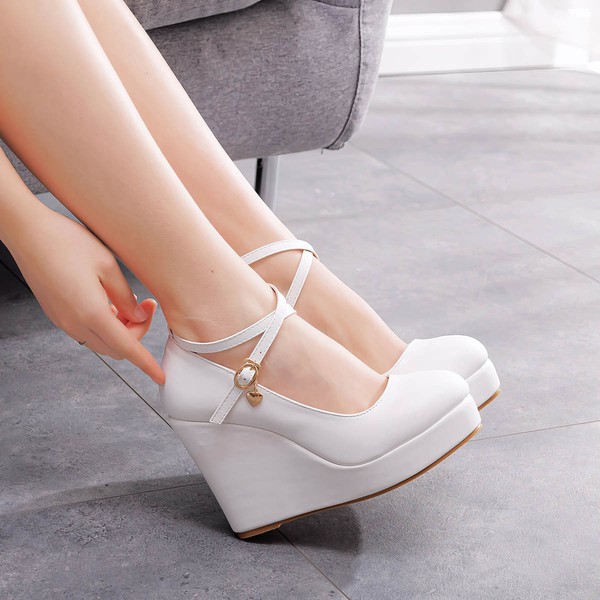 Women's Closed Toe Leatherette Buckle Wedge Heel Wedding Shoes #PDS03031202