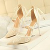 Women's Closed Toe Lace Stitching Lace Spool Heel Wedding Shoes #PDS03031204