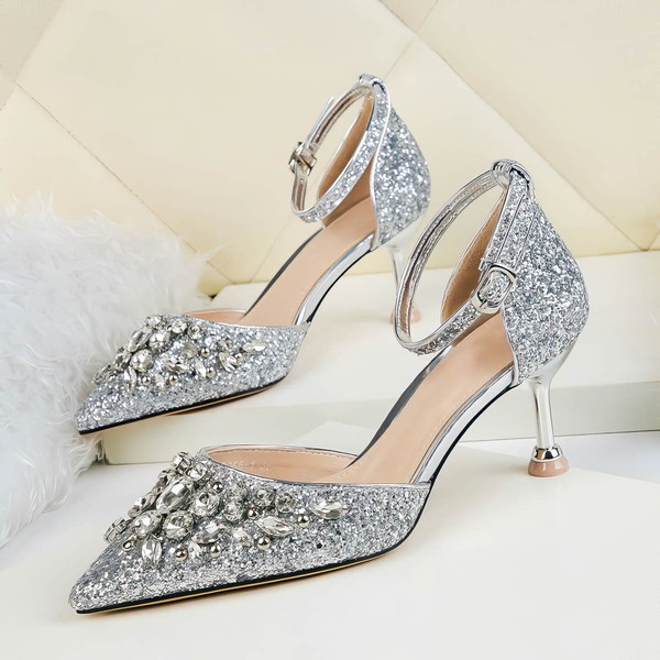 Women's Closed Toe Sparkling Glitter Rhinestone Stiletto Heel Wedding Shoes #PDS03031355