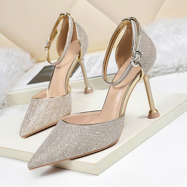 Women's Closed Toe Sparkling Glitter Buckle Stiletto Heel Wedding Shoes #PDS03031359