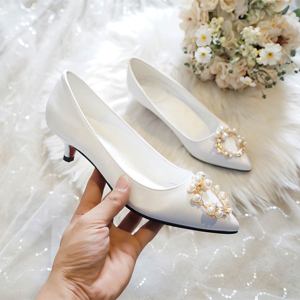 Women's Pumps Satin Crystal Low Heel Wedding Shoes #PDS03031380