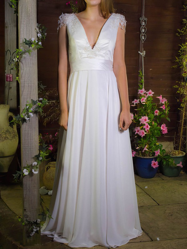 Fashion V-neck White Chiffon Satin with Appliques Lace Floor-length Wedding Dress #PDS00020755