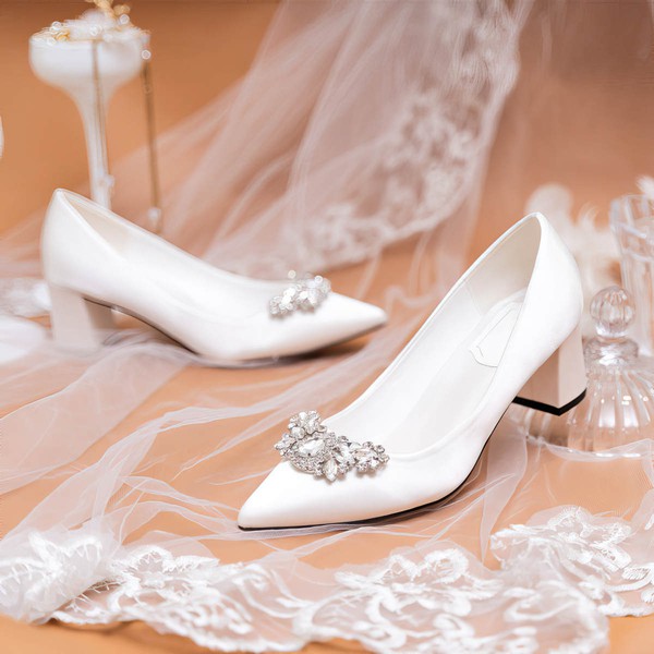 Women's Pumps Satin Crystal Chunky Heel Wedding Shoes #PDS03031389