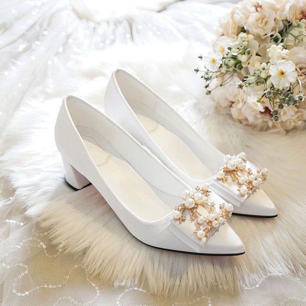 Women's Pumps Satin Pearl Chunky Heel Wedding Shoes #PDS03031390