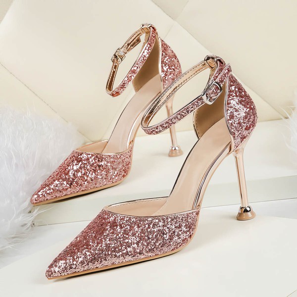 Women's Closed Toe Sparkling Glitter Buckle Stiletto Heel Wedding Shoes #PDS03031396