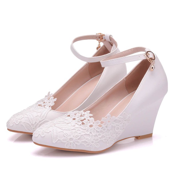 Women's Closed Toe PVC Buckle Wedge Heel Wedding Shoes #PDS03031431