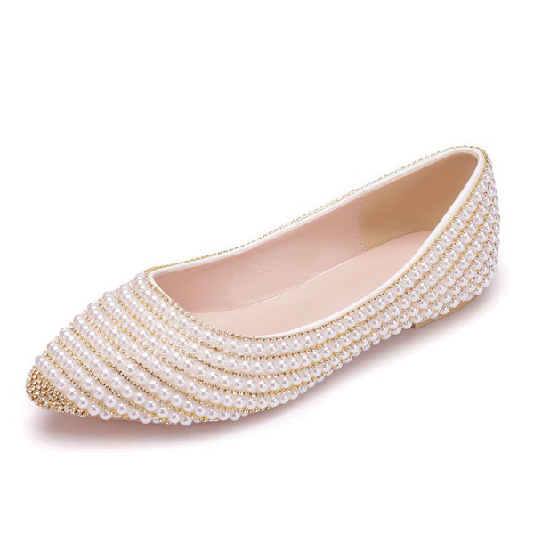 Women's Pumps PVC Pearl Flat Heel Wedding Shoes #PDS03031441