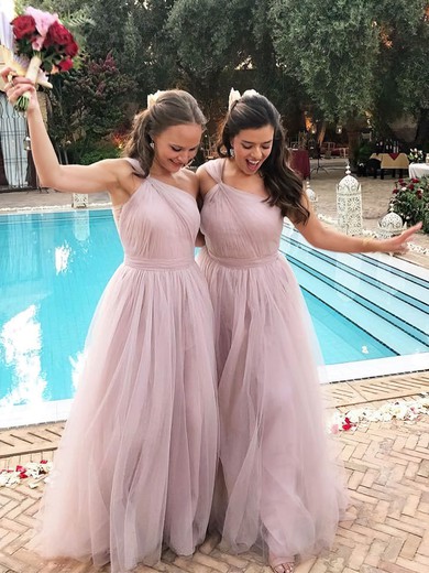 A-line One Shoulder Sweep Train Tulle Bridesmaid Dresses #PDS01013945