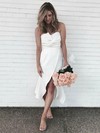 A-line Strapless Tea-length Silk-like Satin Ruffles Bridesmaid Dresses #PDS01013948