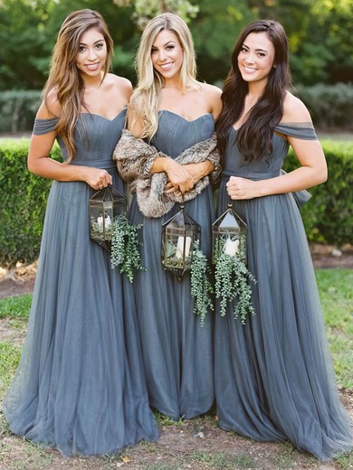 A-line Off-the-shoulder Sweep Train Tulle Bow Bridesmaid Dresses #PDS01013991