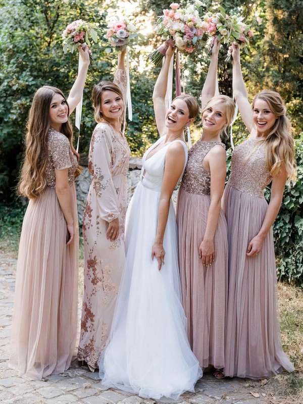 A-line Scoop Neck Floor-length Tulle Glitter Bridesmaid Dresses #PDS01013992