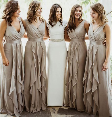 A-line V-neck Floor-length Chiffon Cascading Ruffles Bridesmaid Dresses #PDS01013996