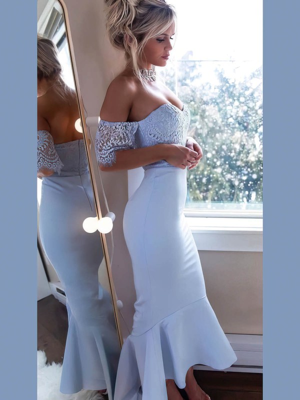 Trumpet/Mermaid Off-the-shoulder Ankle-length Satin Appliques Lace Bridesmaid Dresses #PDS01014010