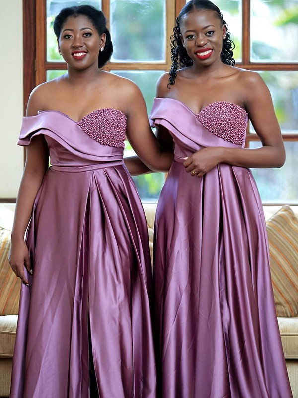 A-line Off-the-shoulder Sweep Train Satin Split Front Bridesmaid Dresses #PDS01014018