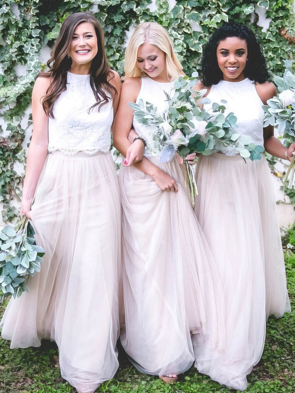 A-line Scoop Neck Sweep Train Lace Tulle Bridesmaid Dresses #PDS01014040