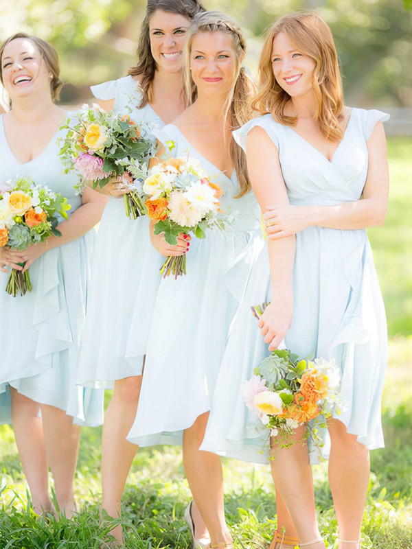A-line V-neck Tea-length Chiffon Sashes / Ribbons Bridesmaid Dresses #PDS01014082