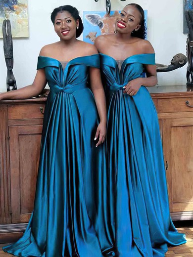 A-line Off-the-shoulder Sweep Train Silk-like Satin Bow Bridesmaid Dresses #PDS01014107