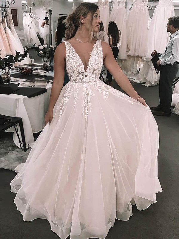 A-line V-neck Court Train Tulle Appliques Lace Wedding Dresses #PDS00023970