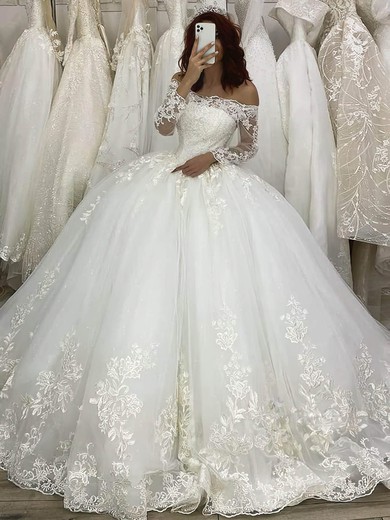 Princess Off-the-shoulder Court Train Tulle Appliques Lace Wedding Dresses #PDS00023971