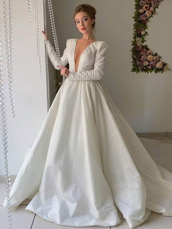 Ball Gown Scoop Neck Court Train Glitter Wedding Dresses #PDS00023974