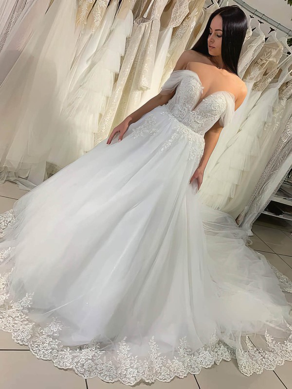 A-line Off-the-shoulder Court Train Tulle Beading Wedding Dresses #PDS00023975