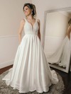 A-line V-neck Sweep Train Silk-like Satin Glitter Pockets Wedding Dresses #PDS00023979