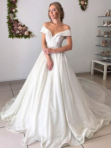 A-line Off-the-shoulder Court Train Glitter Appliques Lace Wedding Dresses #PDS00023980