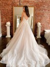 A-line V-neck Court Train Tulle Appliques Lace Wedding Dresses #PDS00023982