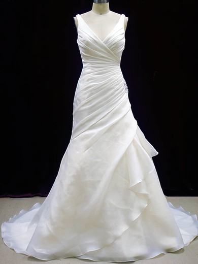 Best V-neck Organza with Button Pleats Trumpet/Mermaid Ivory Wedding Dresses #PDS00020784