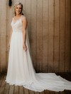 A-line V-neck Sweep Train Chiffon Appliques Lace Wedding Dresses #PDS00023990
