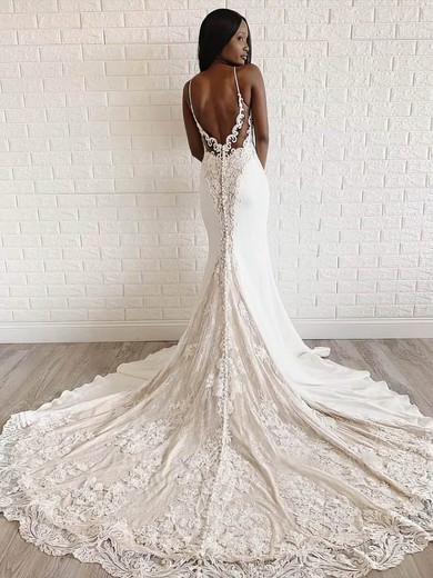Trumpet/Mermaid Sweetheart Court Train Silk-like Satin Appliques Lace Wedding Dresses #PDS00023992
