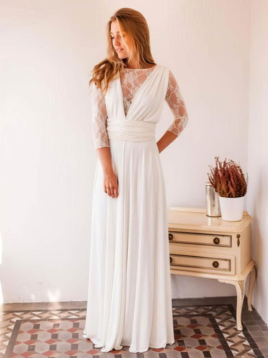 A-line Scoop Neck Floor-length Lace Chiffon Wedding Dresses #PDS00023999