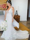 Trumpet/Mermaid V-neck Court Train Lace Wedding Dresses #PDS00024003