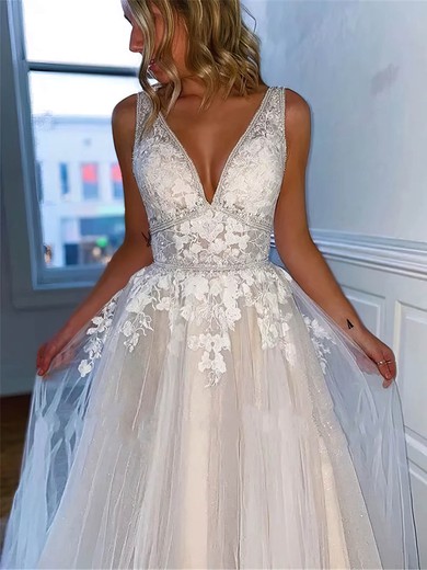A-line V-neck Sweep Train Tulle Appliques Lace Wedding Dresses #PDS00024004