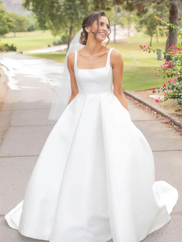 A-line Square Neckline Sweep Train Satin Pockets Wedding Dresses #PDS00024006