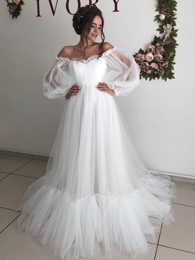 Ball Gown Off-the-shoulder Court Train Tulle Wedding Dresses #PDS00024007