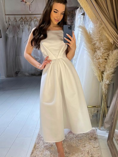 A-line Square Neckline Tea-length Satin Wedding Dresses #PDS00024010