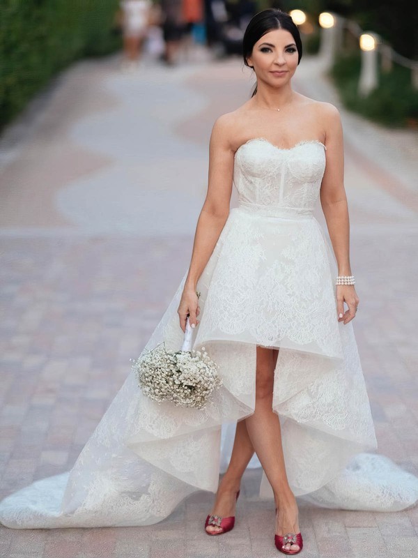A-line Strapless Asymmetrical Lace Wedding Dresses #PDS00024018