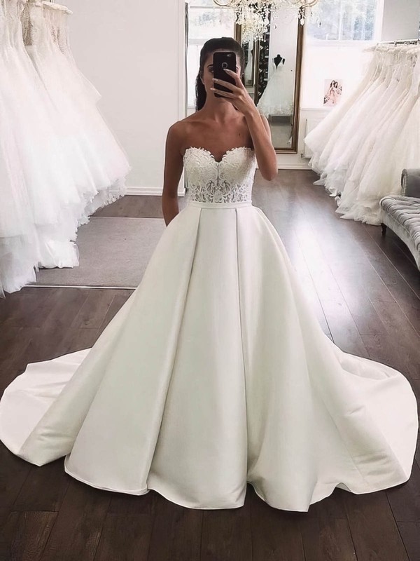 Ball Gown Strapless Court Train Satin Appliques Lace Wedding Dresses #PDS00024019
