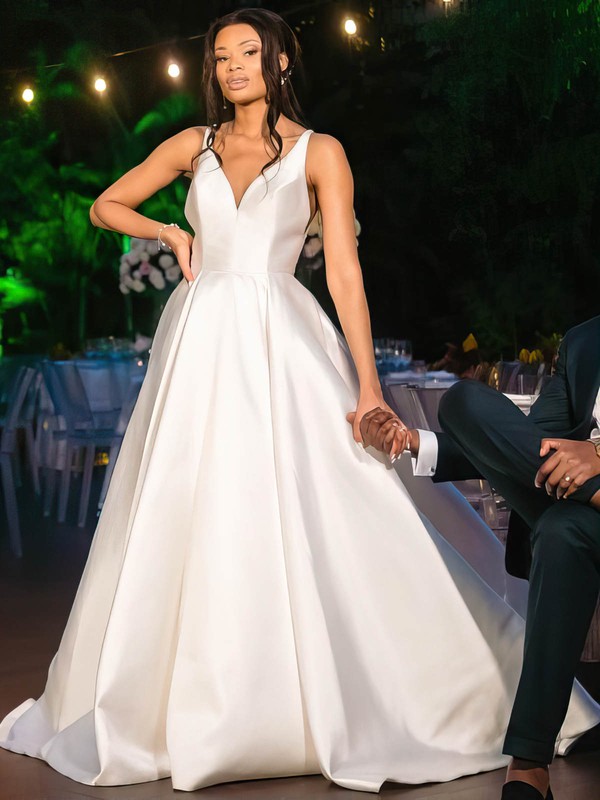 A-line V-neck Court Train Satin Appliques Lace Wedding Dresses #PDS00024021