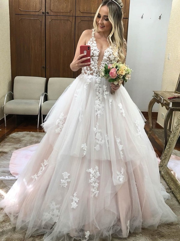 A-line V-neck Sweep Train Tulle Appliques Lace Wedding Dresses #PDS00024025