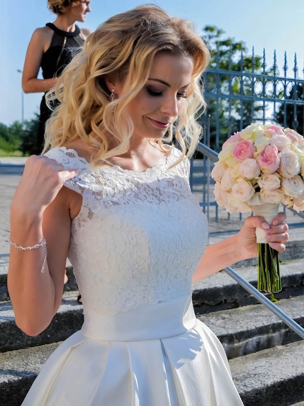 A-line Scalloped Neck Floor-length Satin Lace Wedding Dresses #PDS00024029