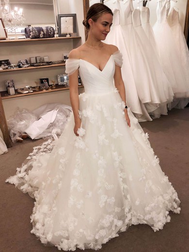Ball Gown Off-the-shoulder Sweep Train Tulle Beading Wedding Dresses #PDS00024036