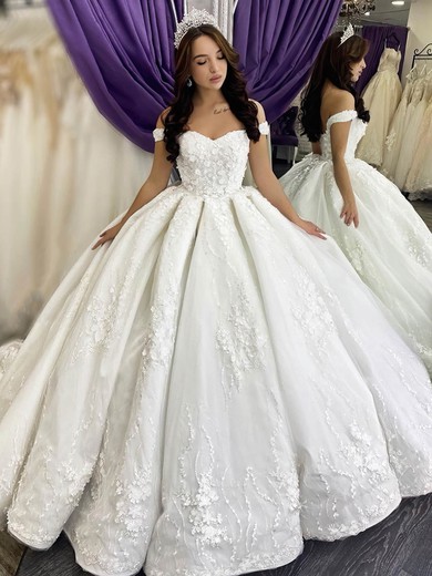 Princess Off-the-shoulder Watteau Train Tulle Appliques Lace Wedding Dresses #PDS00024038