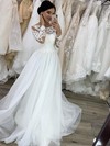 A-line Scoop Neck Sweep Train Tulle Appliques Lace Wedding Dresses #PDS00024039