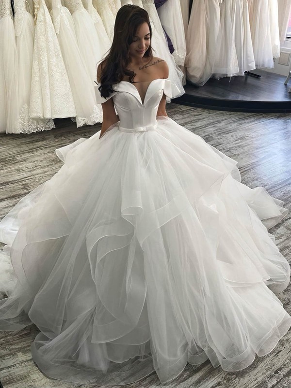 Ball Gown Off-the-shoulder Court Train Satin Tulle Sashes / Ribbons Wedding Dresses #PDS00024040