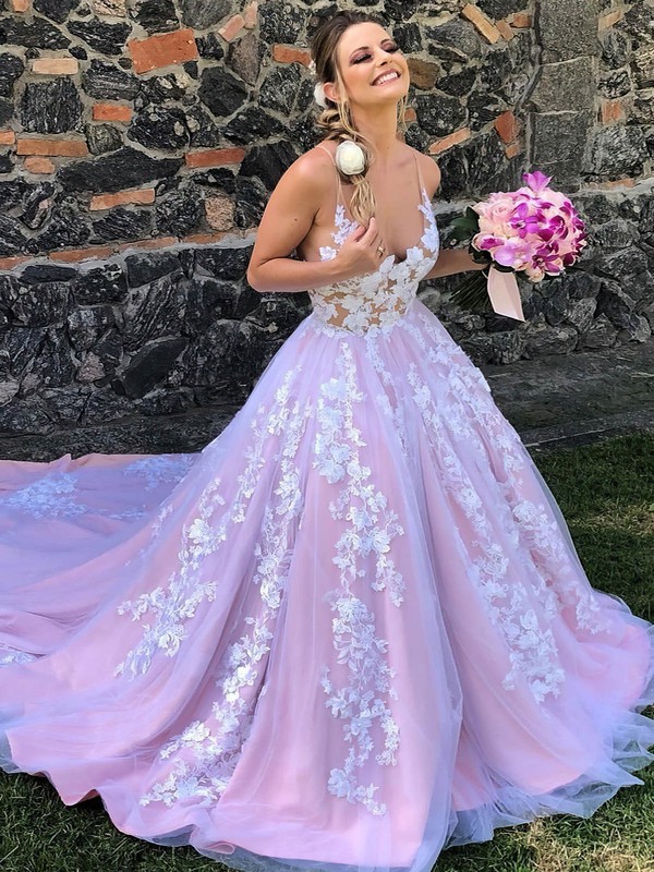 A-line V-neck Court Train Tulle Appliques Lace Wedding Dresses #PDS00024043