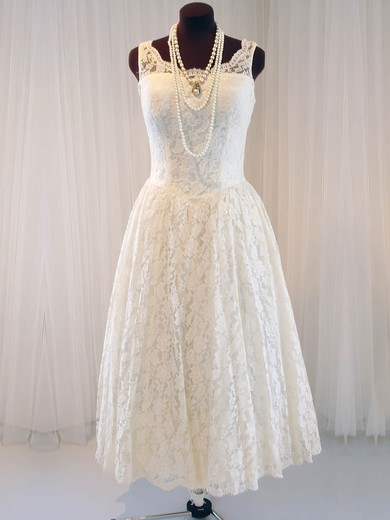 Scoop Neck Ivory Lace with Buttons Vintage Tea-length Wedding Dresses #PDS00020790